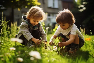 Two Young Boys Playing Together In A Sunny Garden