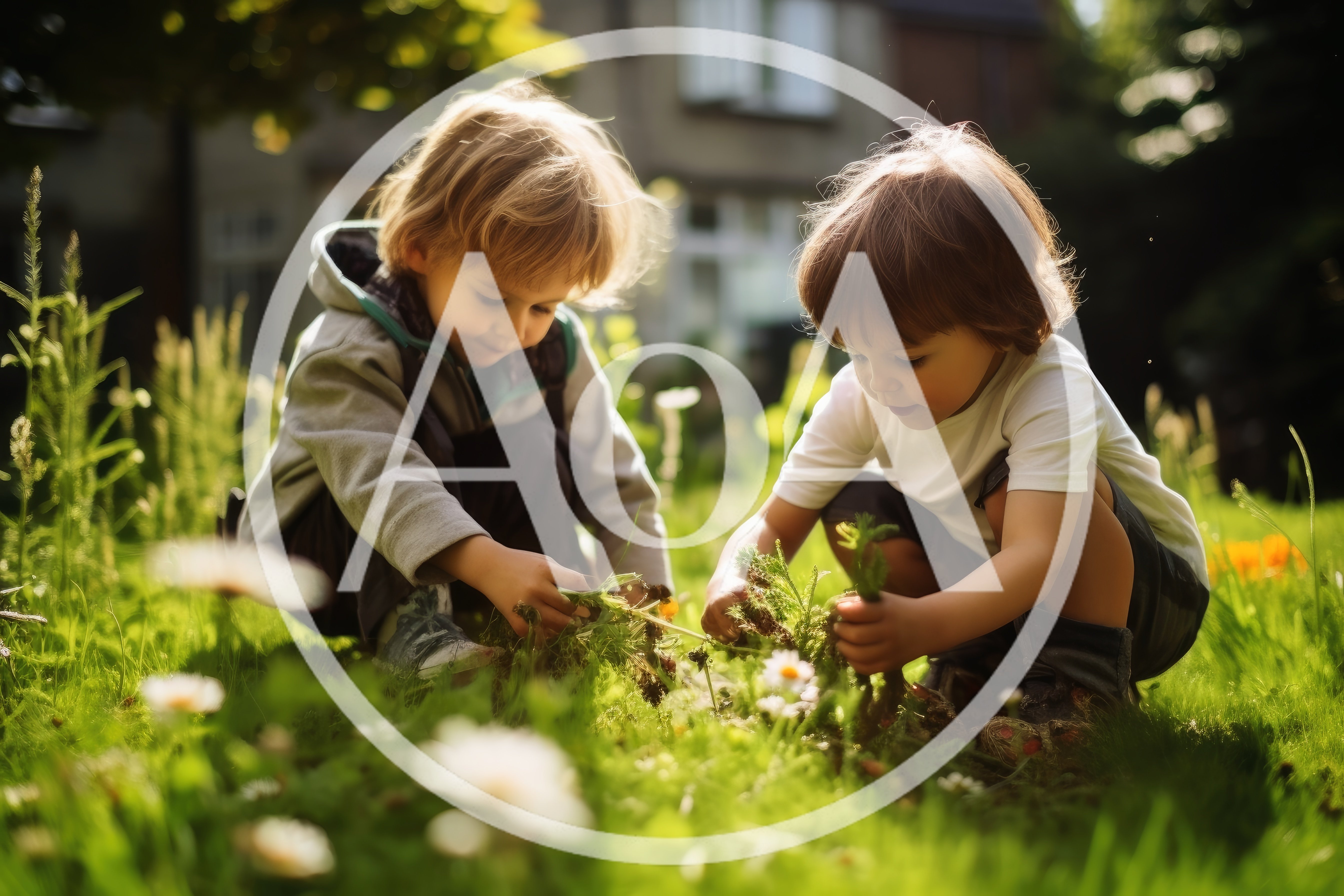 Two Young Boys Playing Together In A Sunny Garden