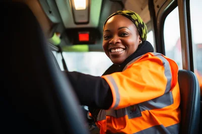 Smiling Female Bus Driver In High Visibility Uniform