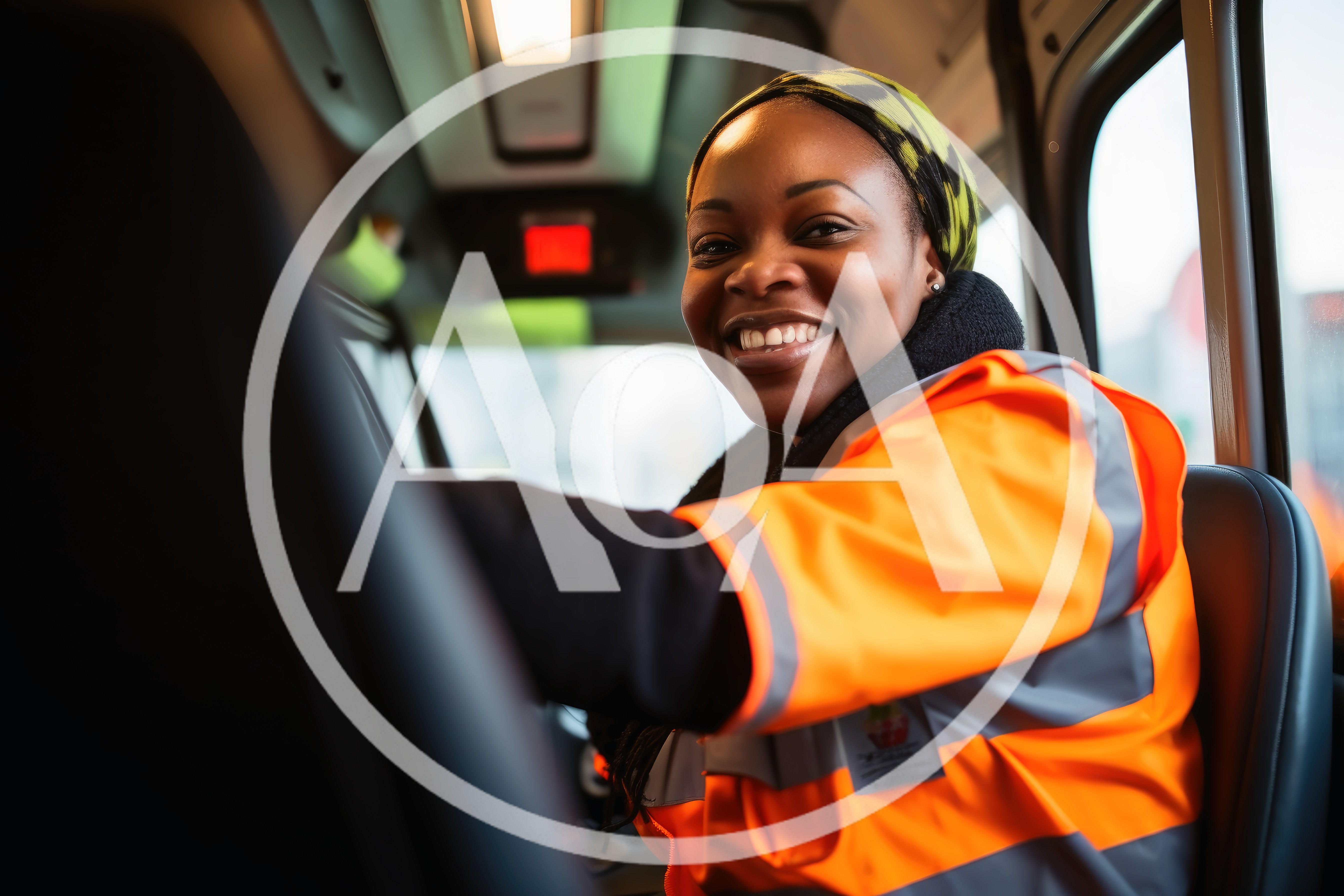 Smiling Female Bus Driver In High Visibility Uniform