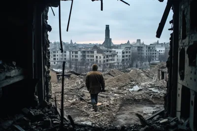 Lone Person Walking Through War Torn City Ruins