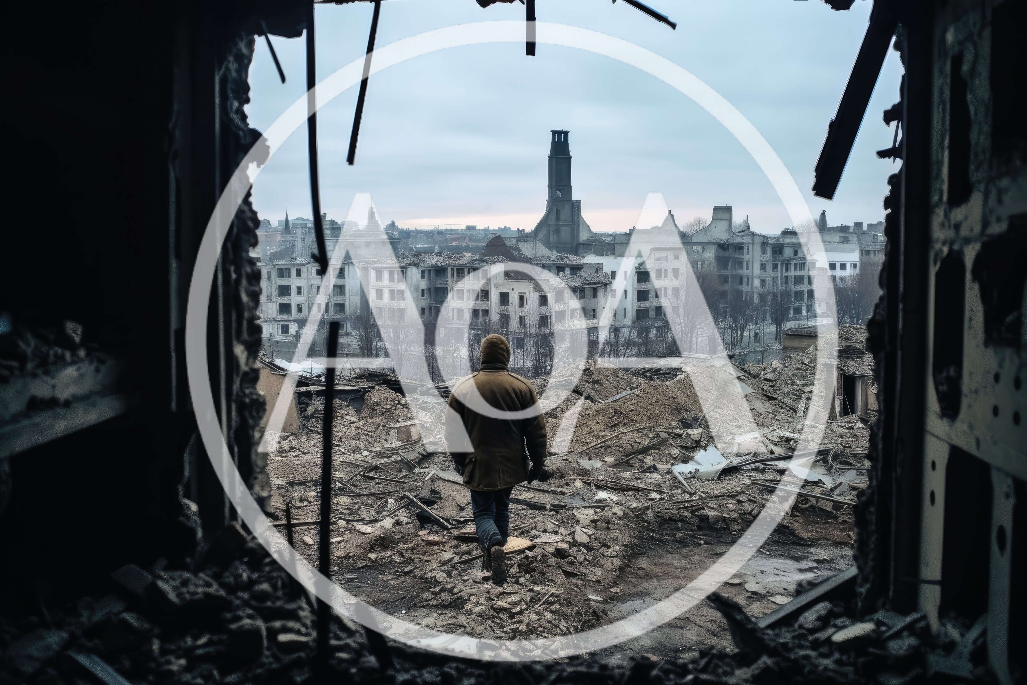 Lone Person Walking Through War Torn City Ruins