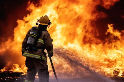 Firefighter Extinguishing Large Intense Industrial Fire