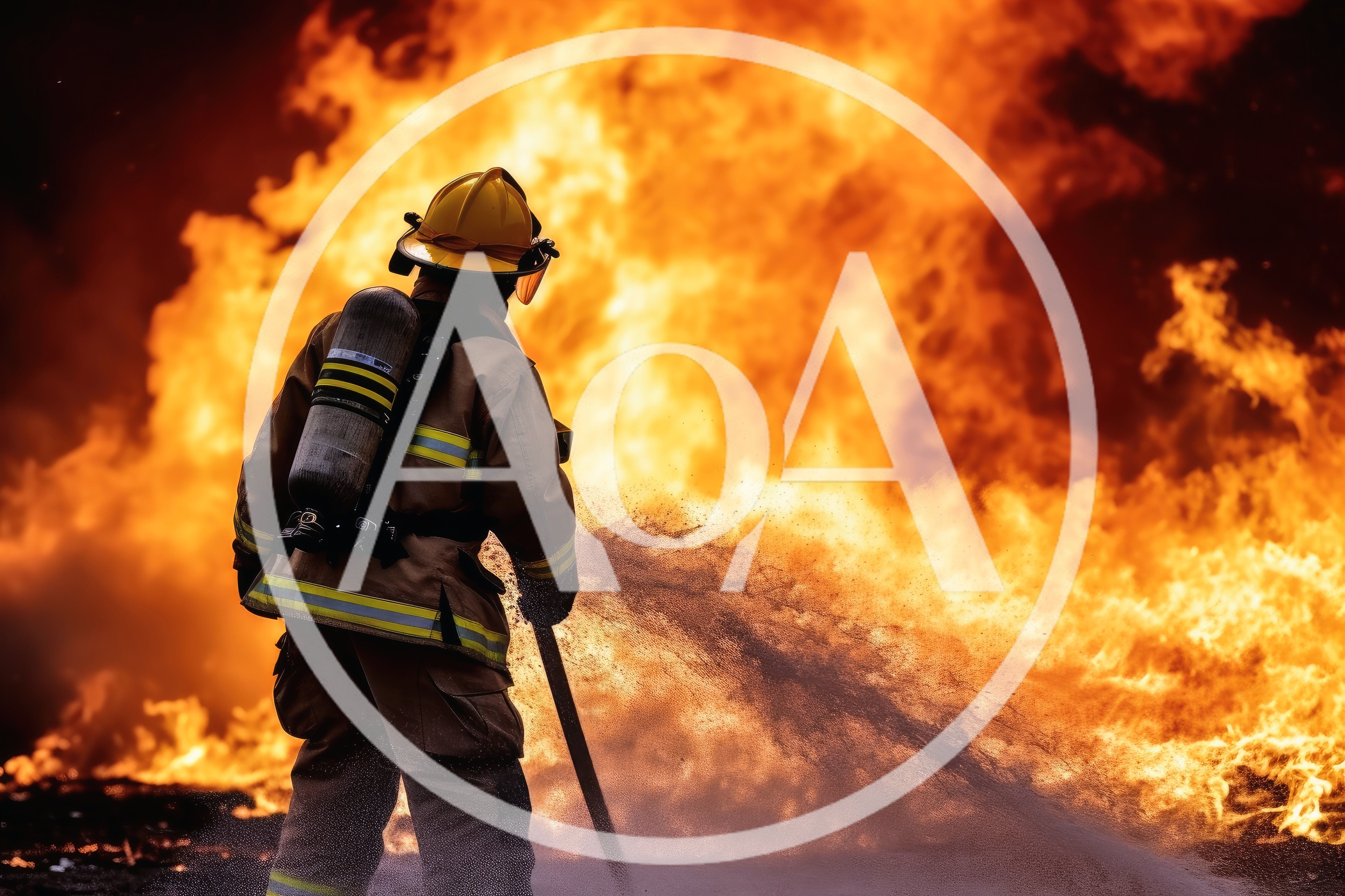 Firefighter Extinguishing Large Intense Industrial Fire