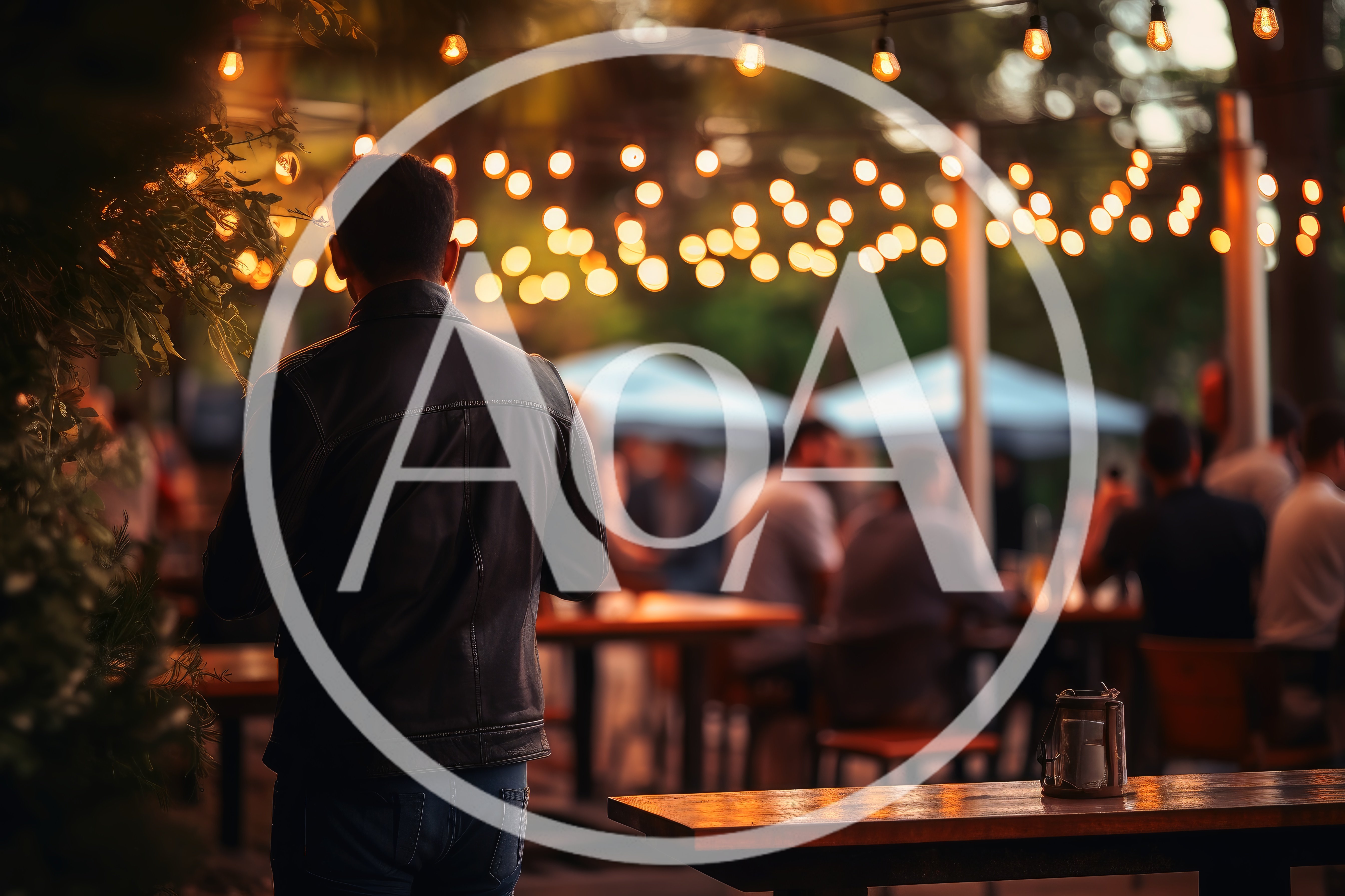 Man Standing Alone at an Outdoor Evening Bar