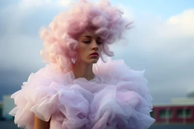 Fashion Model With Pink Curly Hair And Tulle Dress
