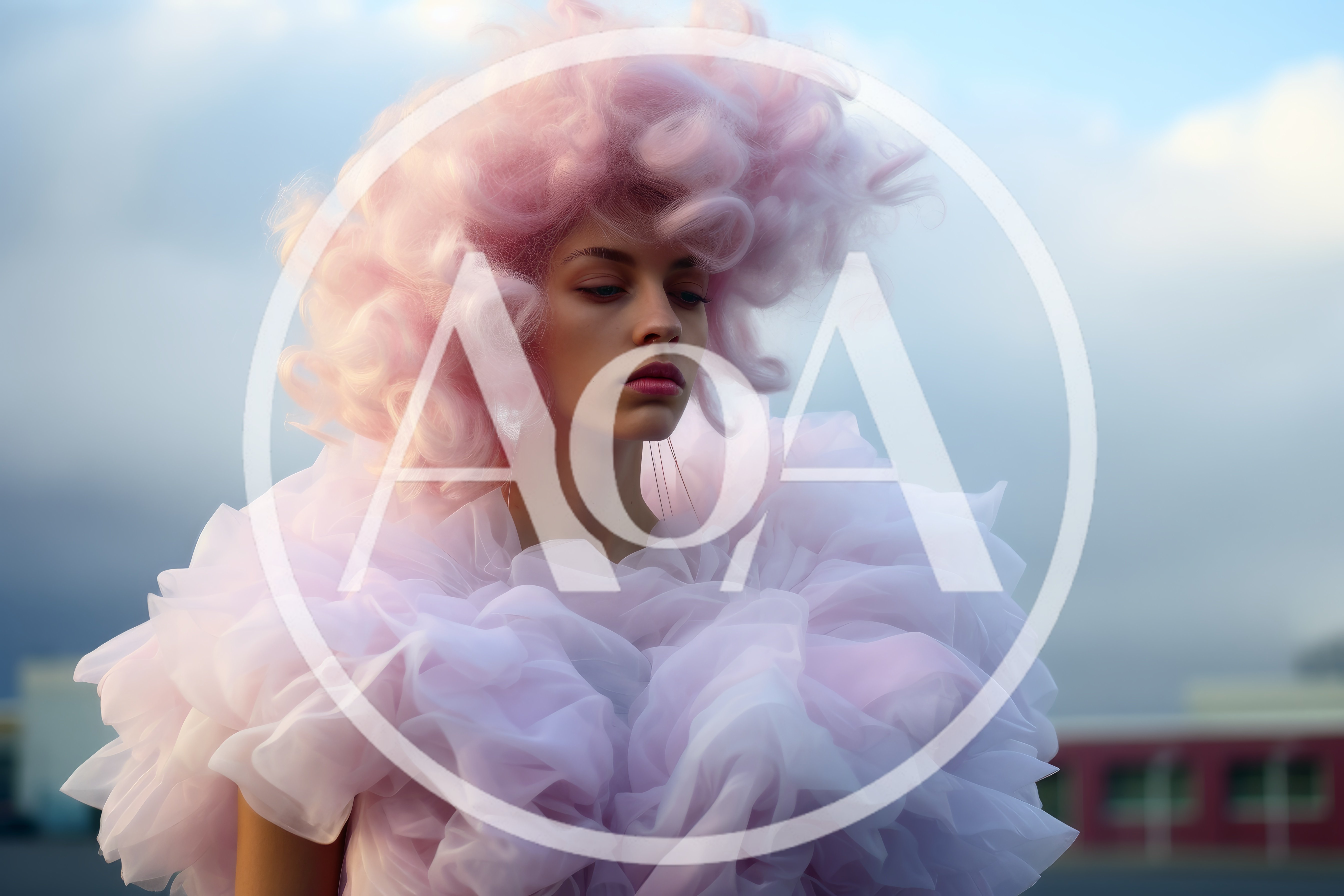 Fashion Model With Pink Curly Hair And Tulle Dress