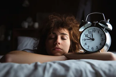 Young Woman Sleeping Beside An Alarm Clock