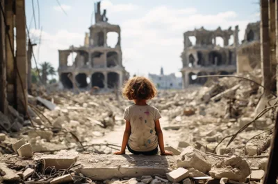 Young Child Sitting Alone Amidst War Torn Ruins
