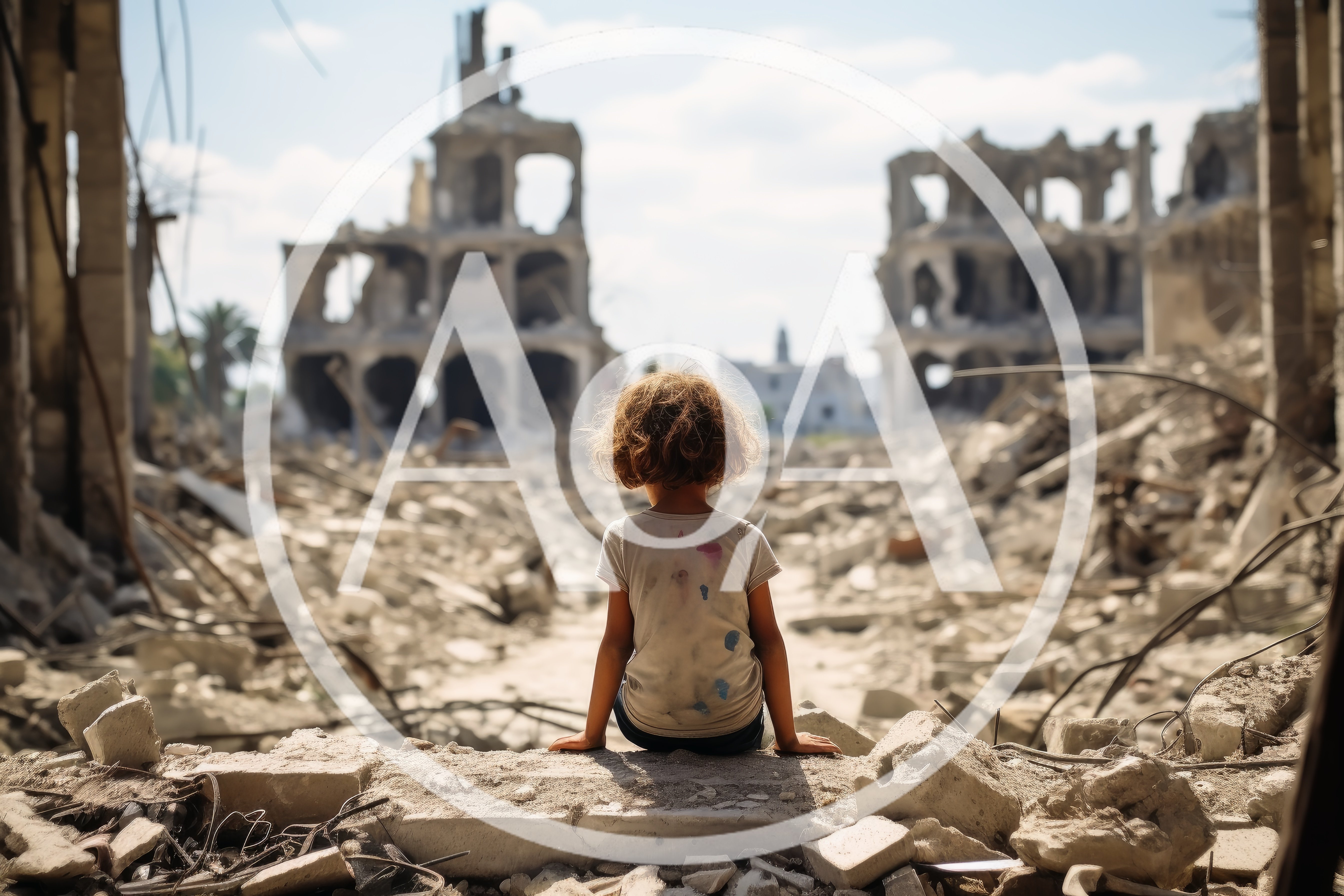 Young Child Sitting Alone Amidst War Torn Ruins
