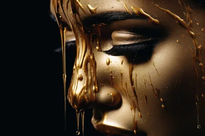 Close Up Portrait Of Woman Covered In Liquid Gold