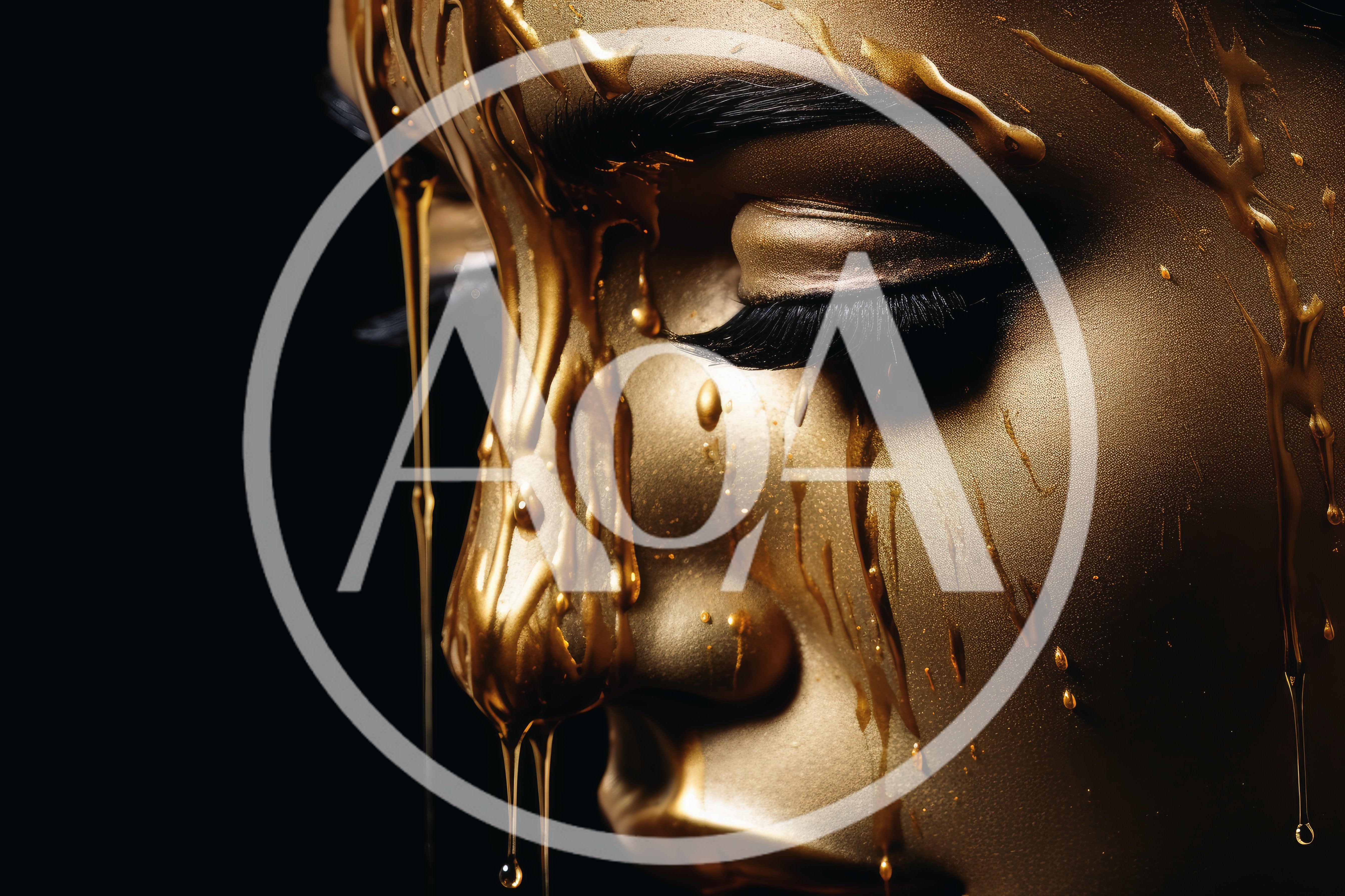 Close Up Portrait Of Woman Covered In Liquid Gold