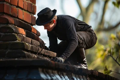 Chimney Sweep Working On A Rooftop