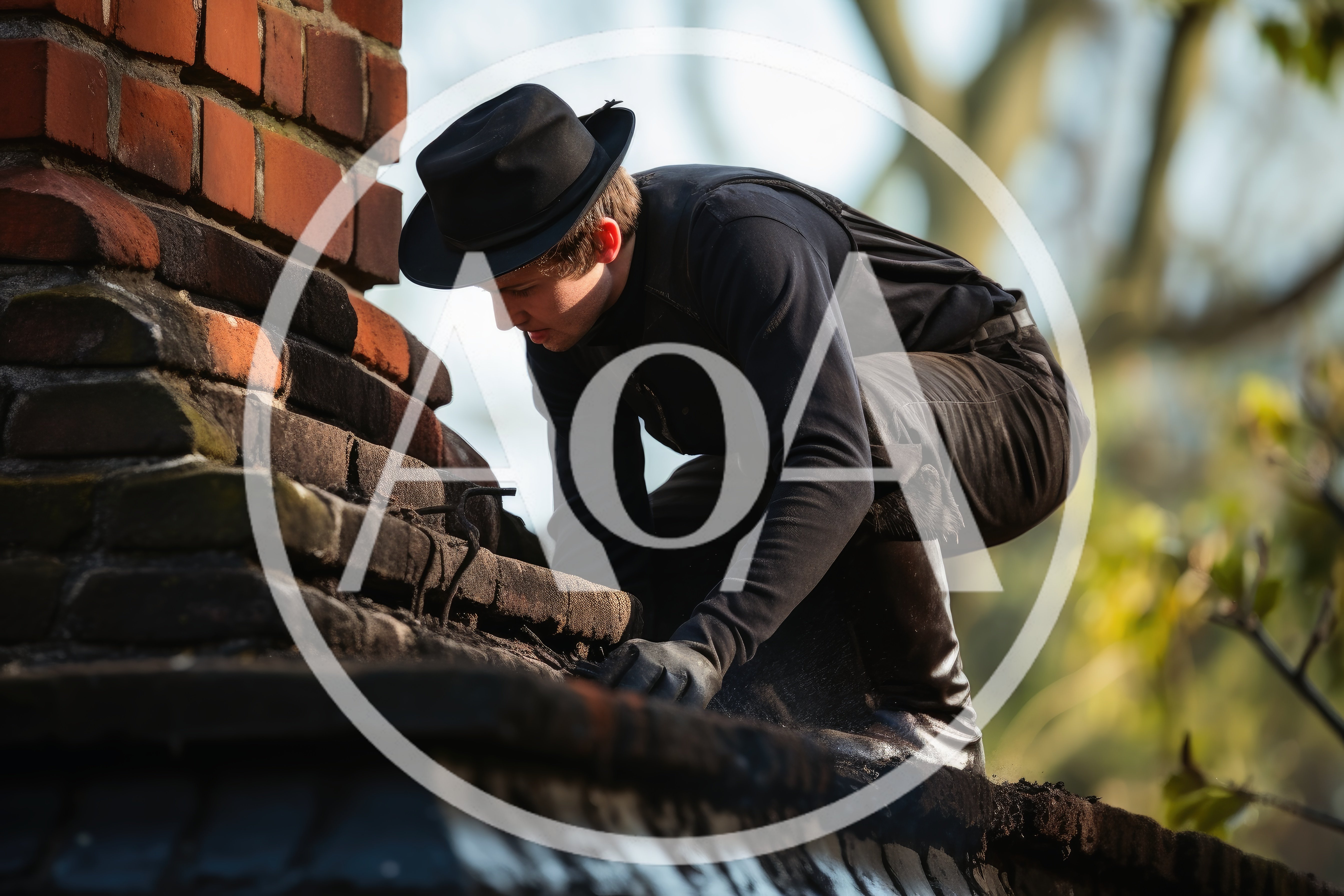 Chimney Sweep Working On A Rooftop