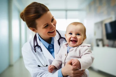 Female Pediatrician Holding A Happy Smiling Baby