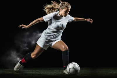 Female Soccer Player Dribbling Ball On Dark Field