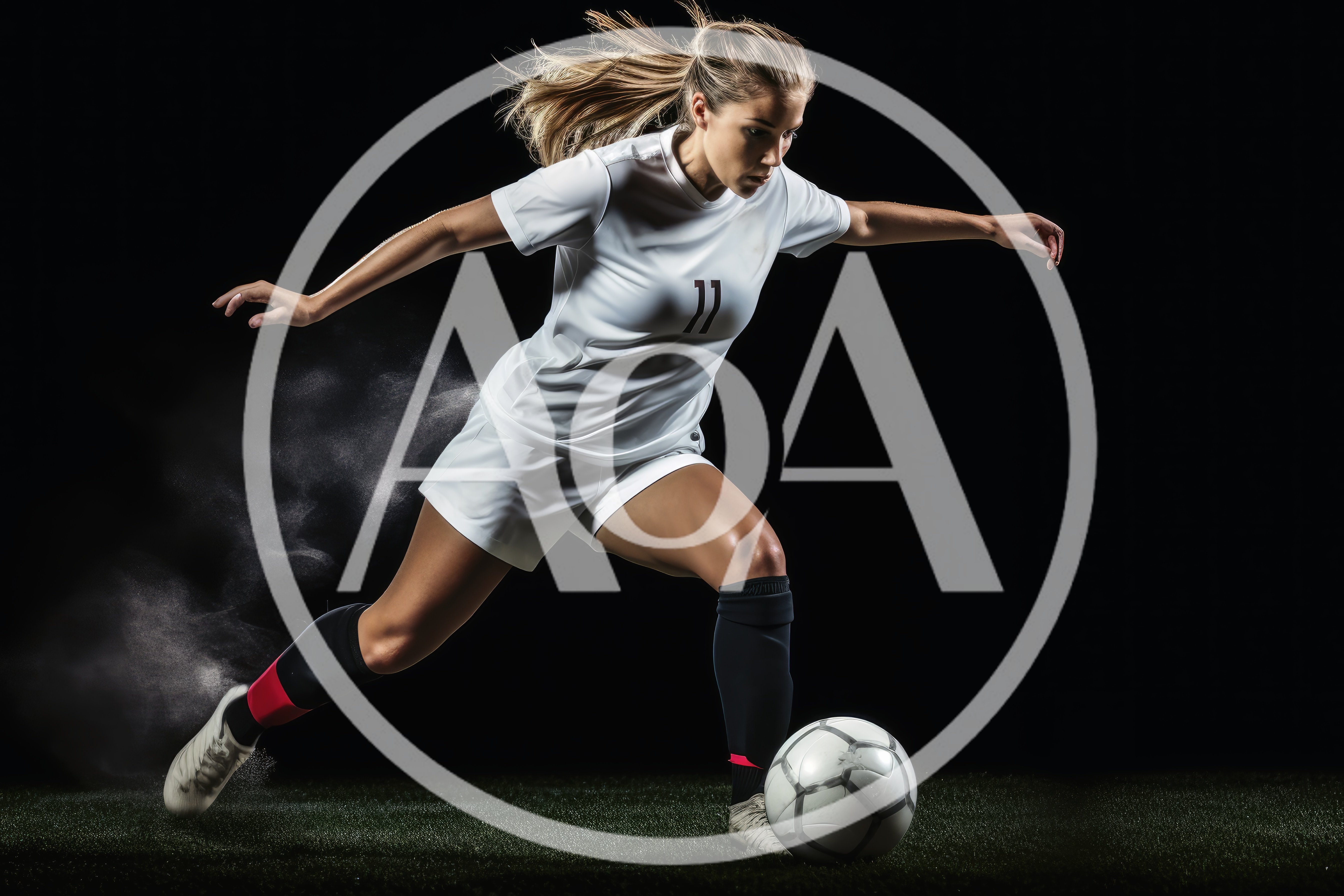 Female Soccer Player Dribbling Ball On Dark Field