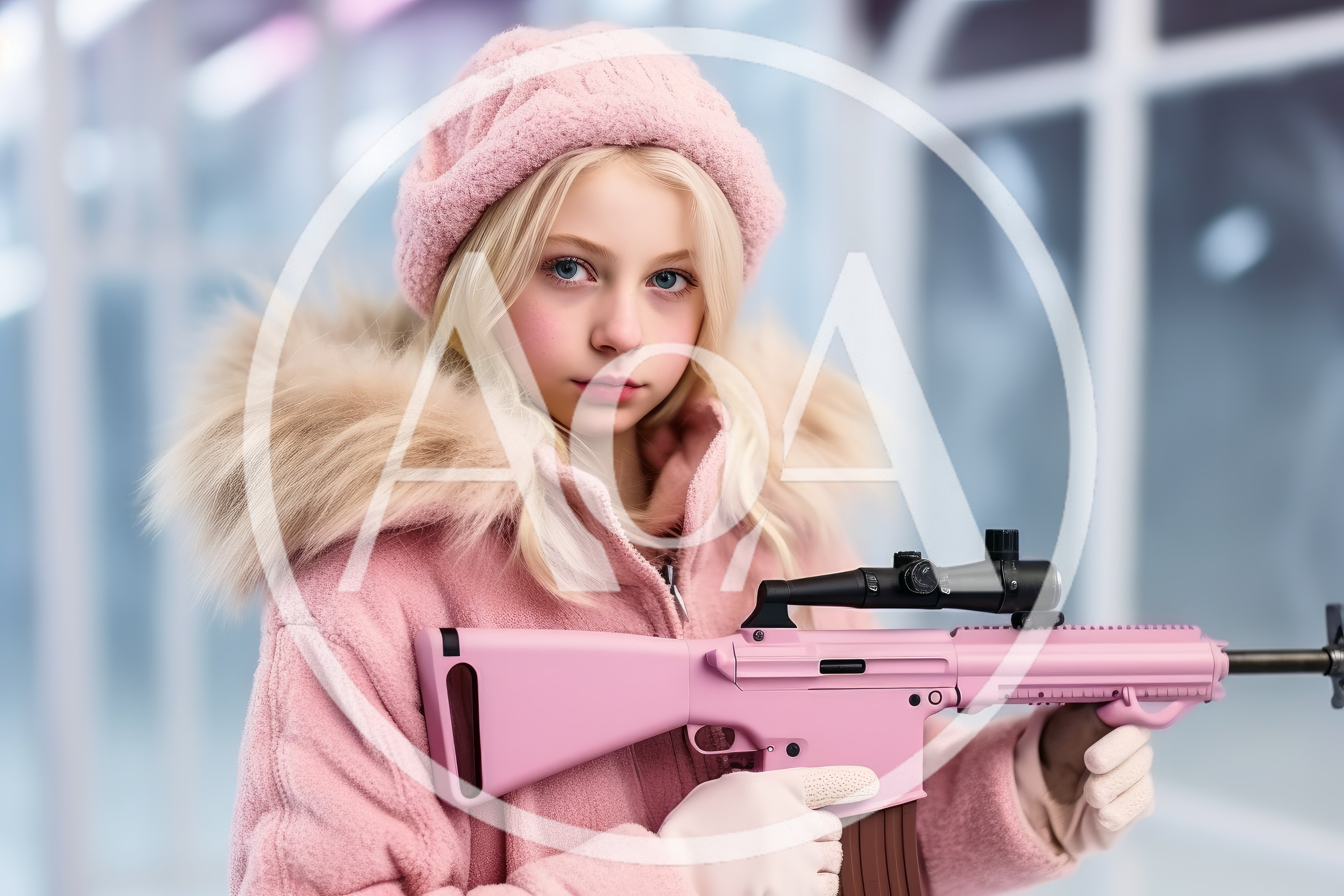 Young Girl Holding A Pink Toy Rifle