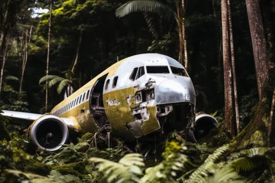 Abandoned Airplane Wreckage In A Lush Tropical Jungle