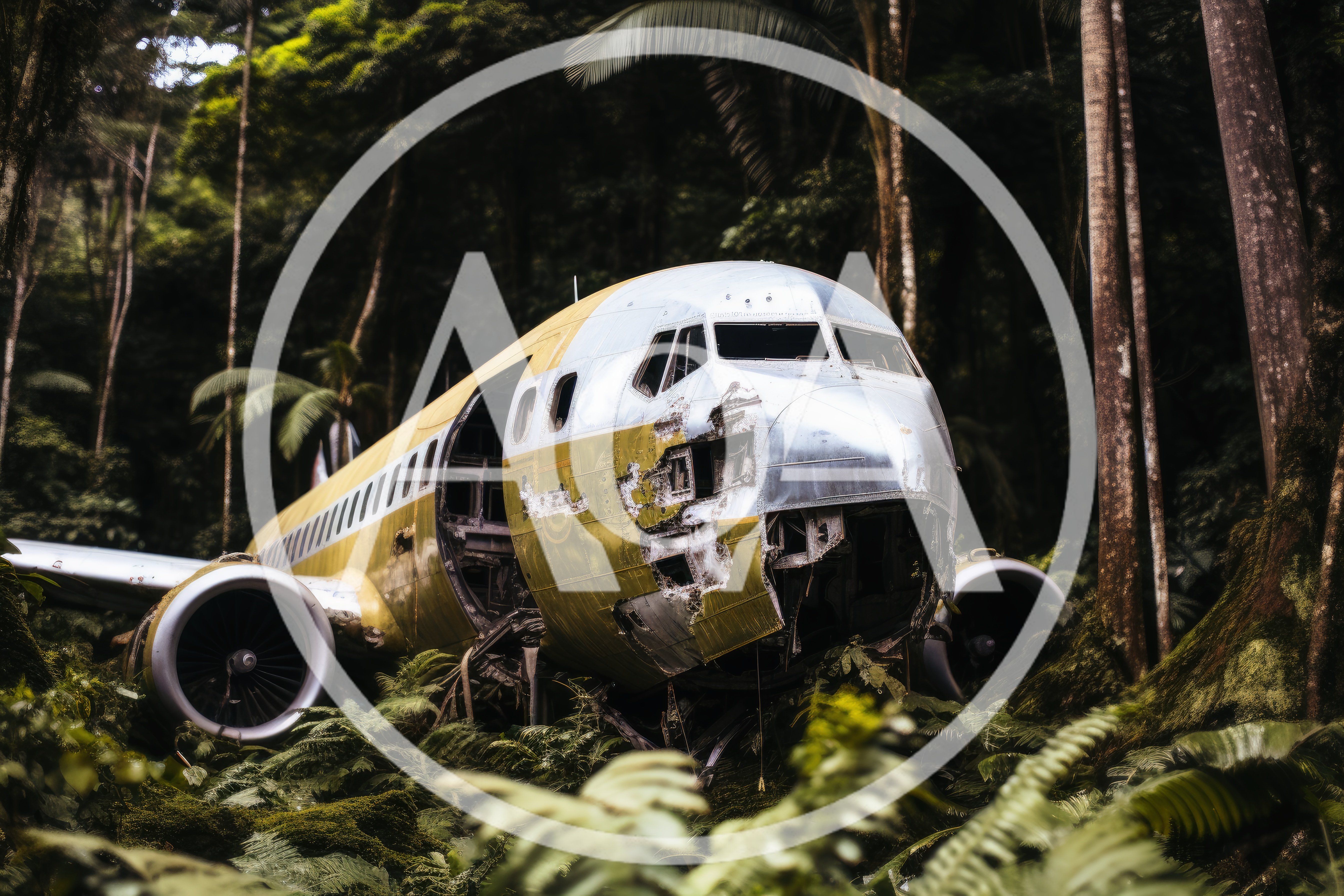 Abandoned Airplane Wreckage In A Lush Tropical Jungle