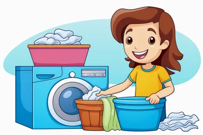 Cartoon Girl Doing Laundry With Washing Machine