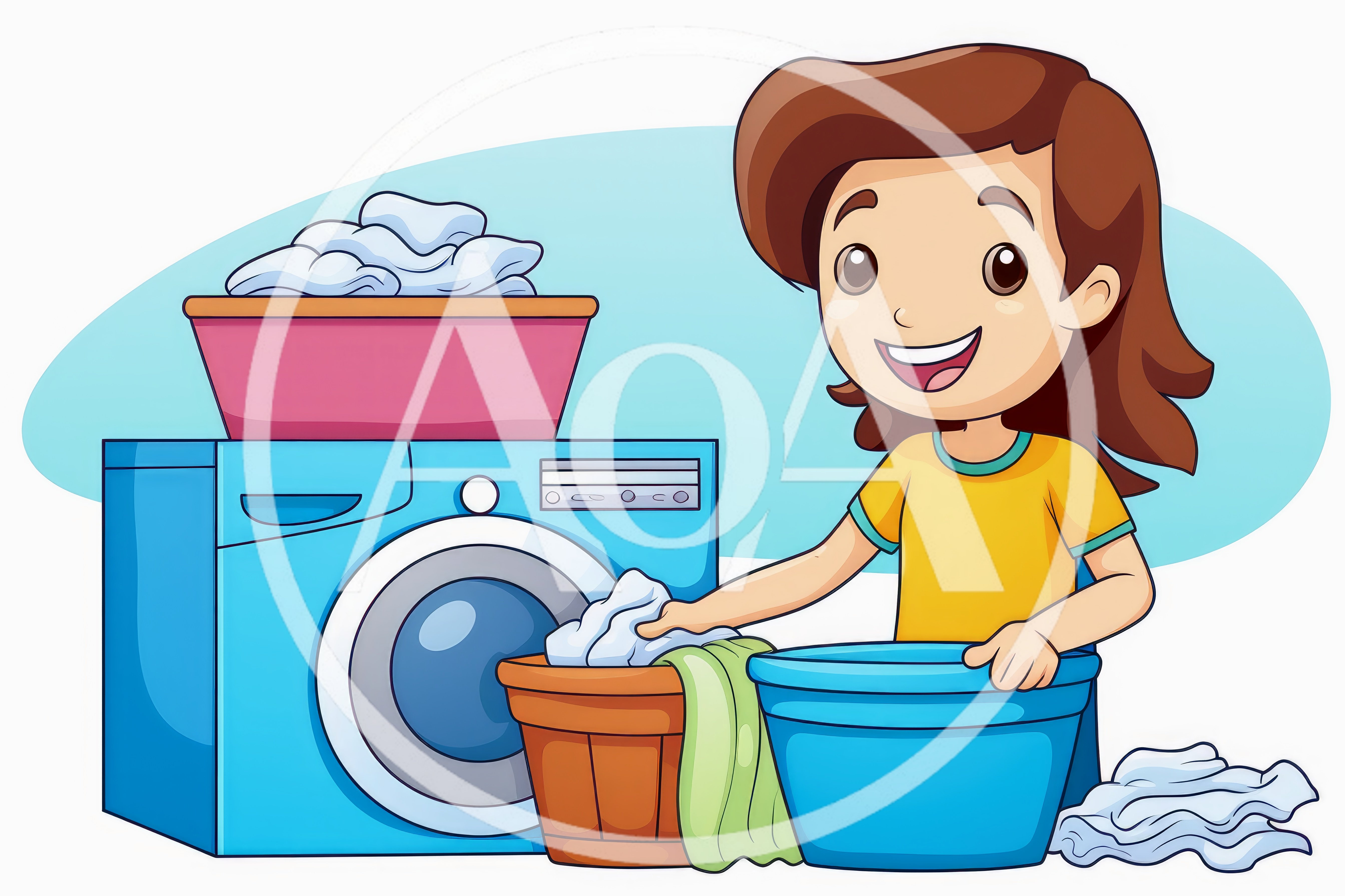 Cartoon Girl Doing Laundry With Washing Machine