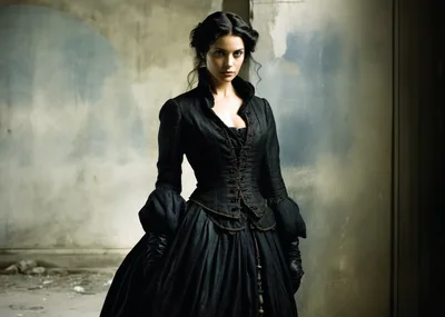 Victorian Woman In Black Dress Standing In Ruined Room