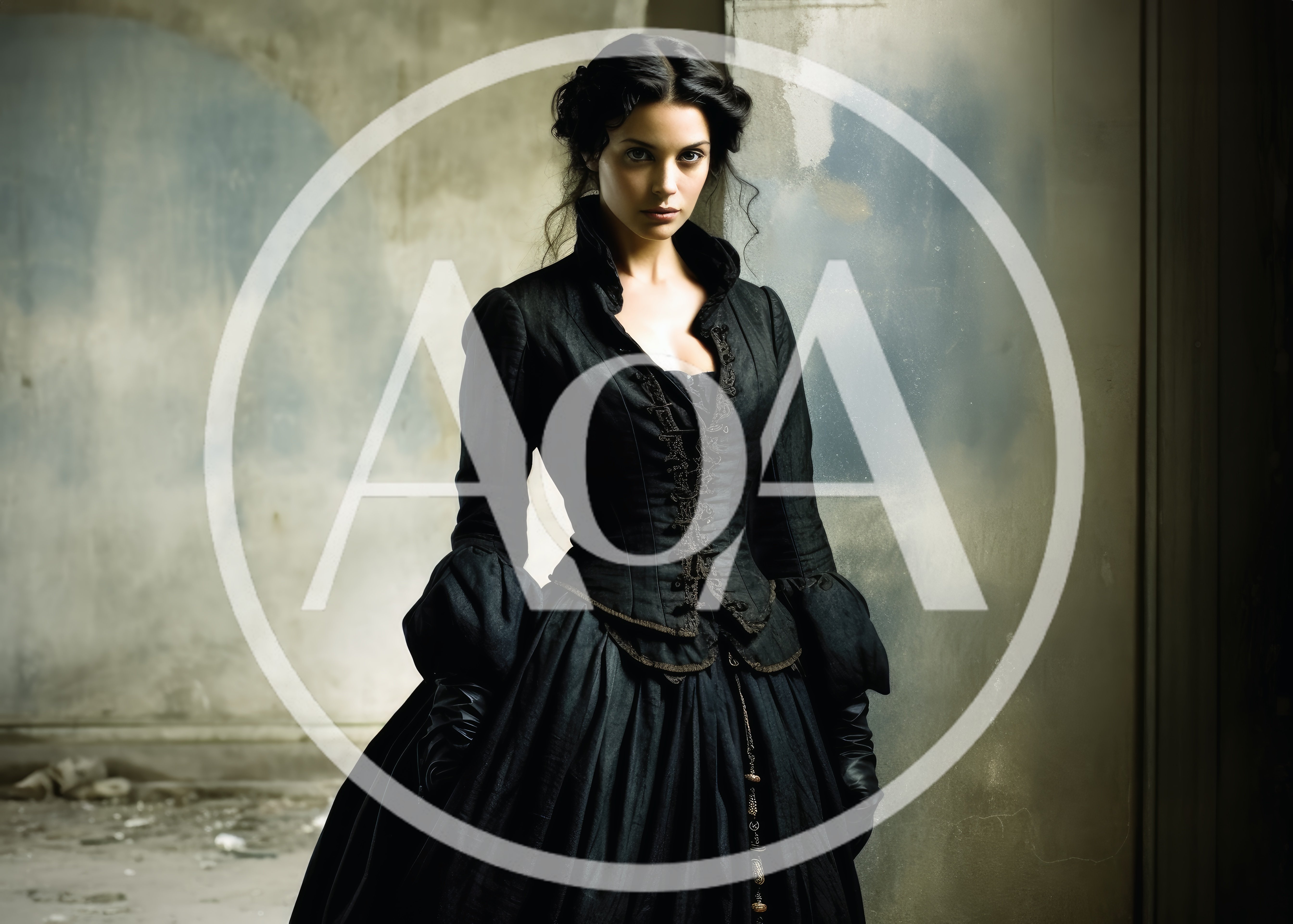 Victorian Woman In Black Dress Standing In Ruined Room