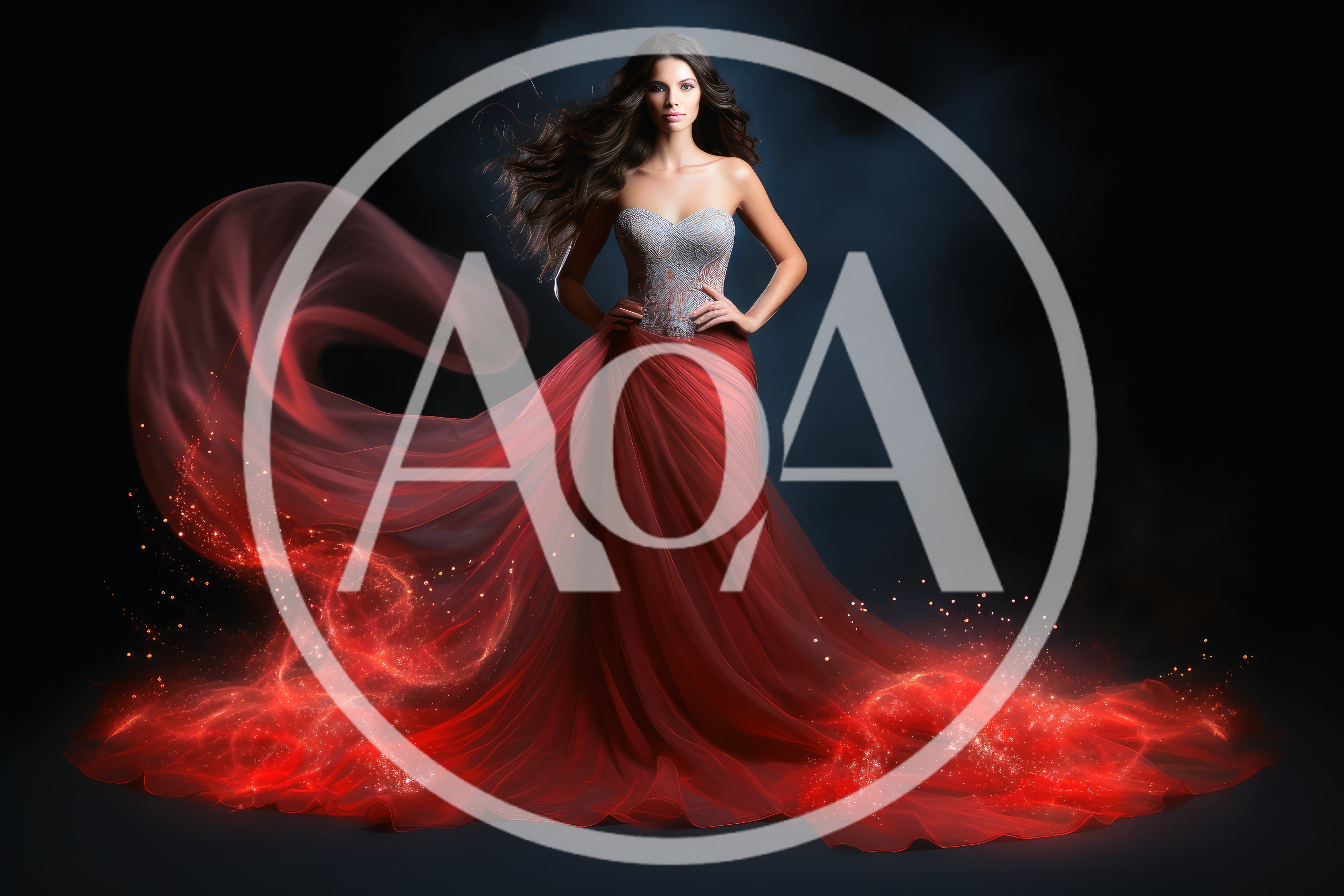 Elegant Woman In Flowing Red Gown With Magical Sparkles