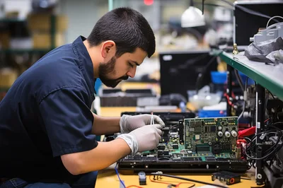 Technician Repairing Electronic Circuit Board In Factory
