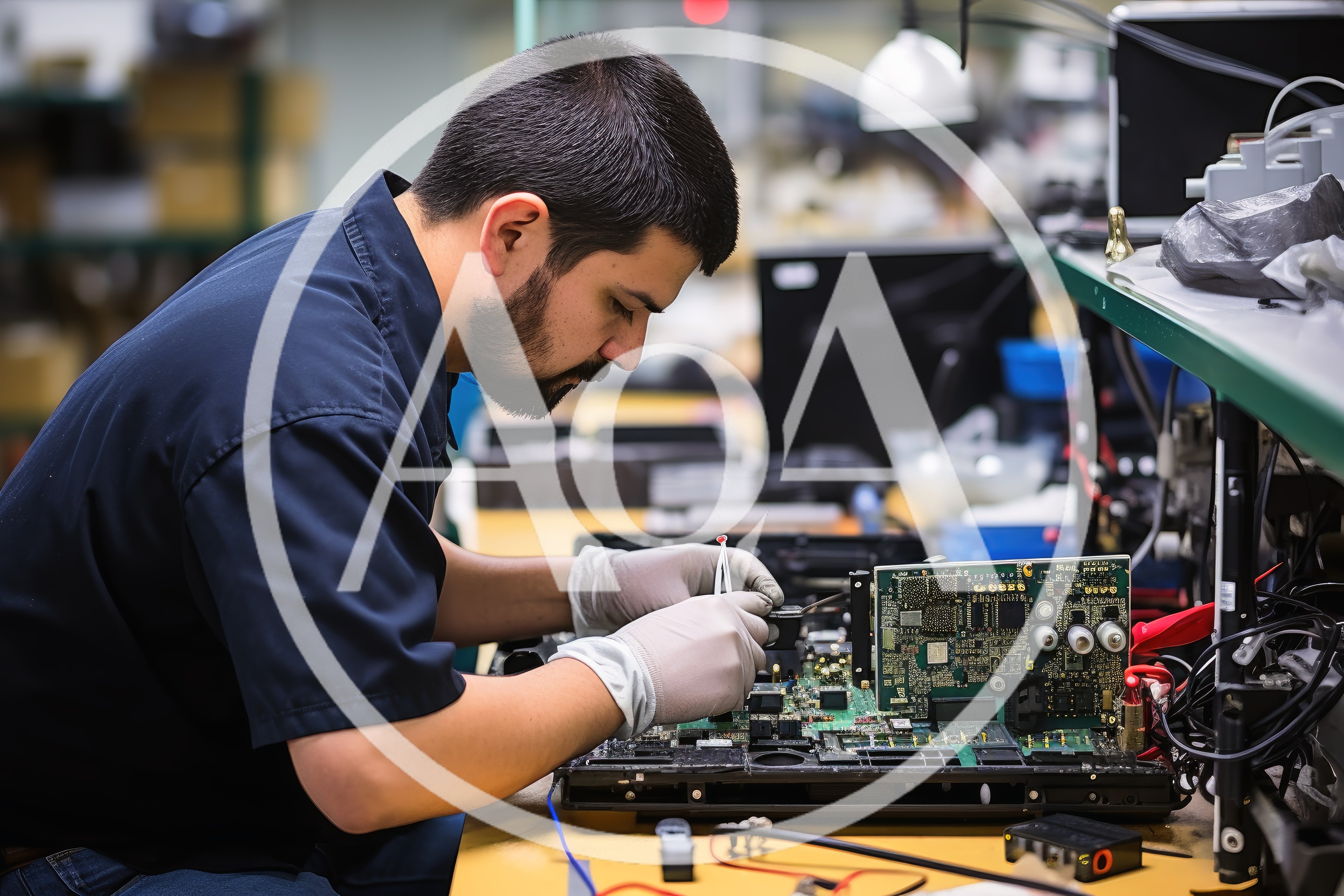 Technician Repairing Electronic Circuit Board In Factory
