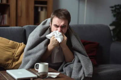 Sick Man Blowing Nose While Wrapped In Blanket