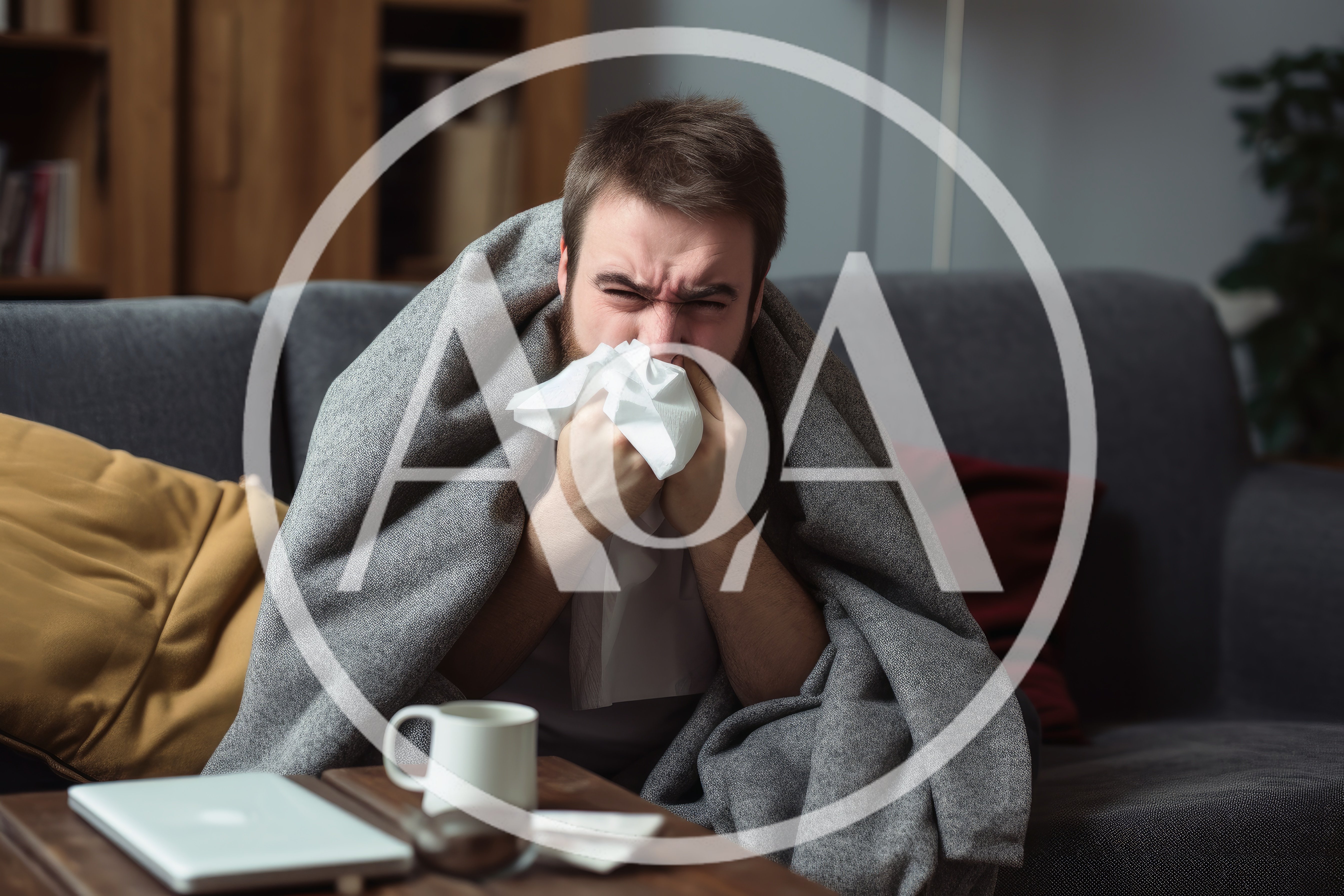 Sick Man Blowing Nose While Wrapped In Blanket