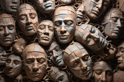 Abstract Mosaic Sculpture Of Multiple Human Faces