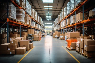 Warehouse Interior With Rows Of Palletized Cardboard Boxes