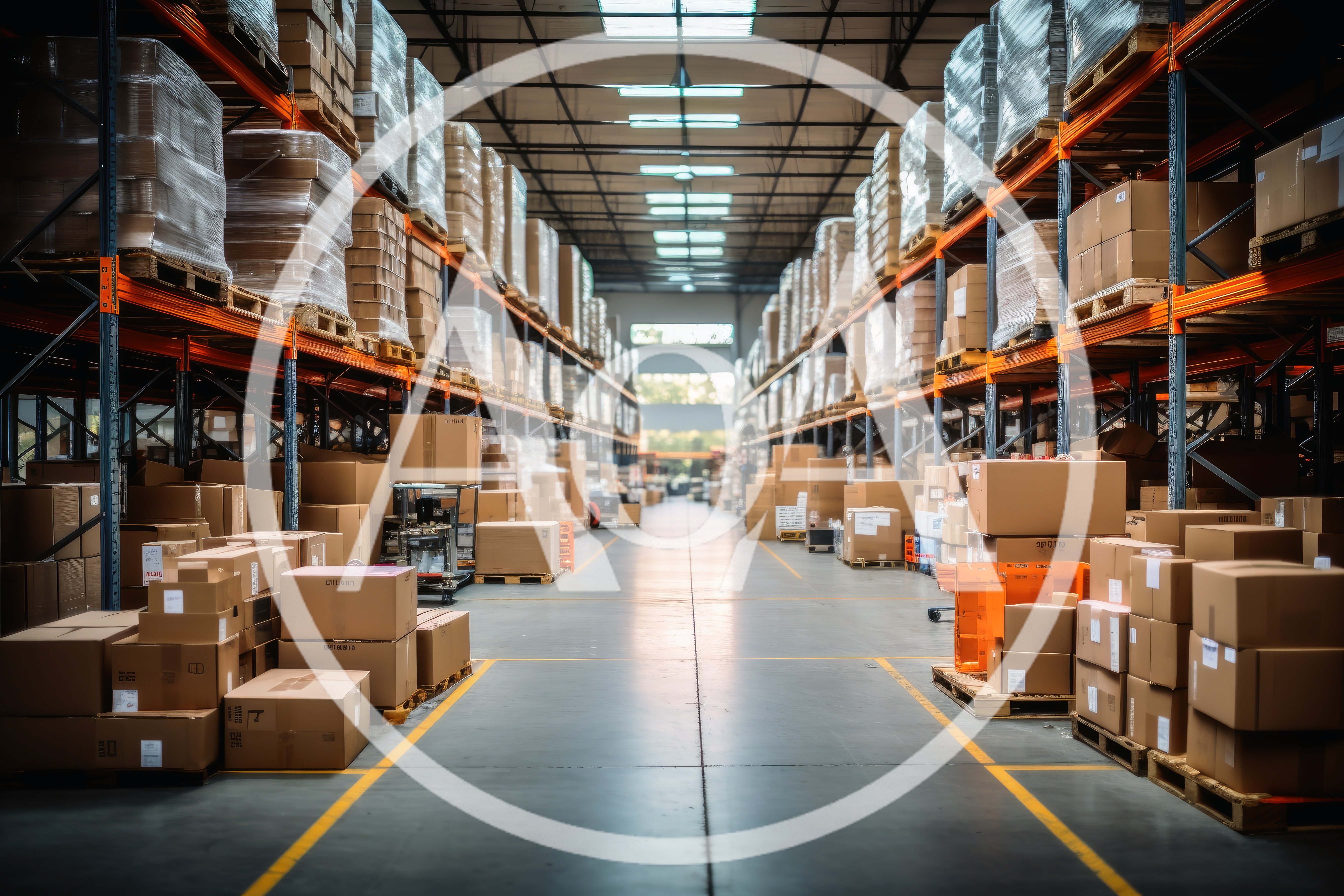 Warehouse Interior With Rows Of Palletized Cardboard Boxes