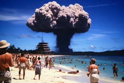 Surreal Beach Scene With Massive Mushroom Cloud Explosion