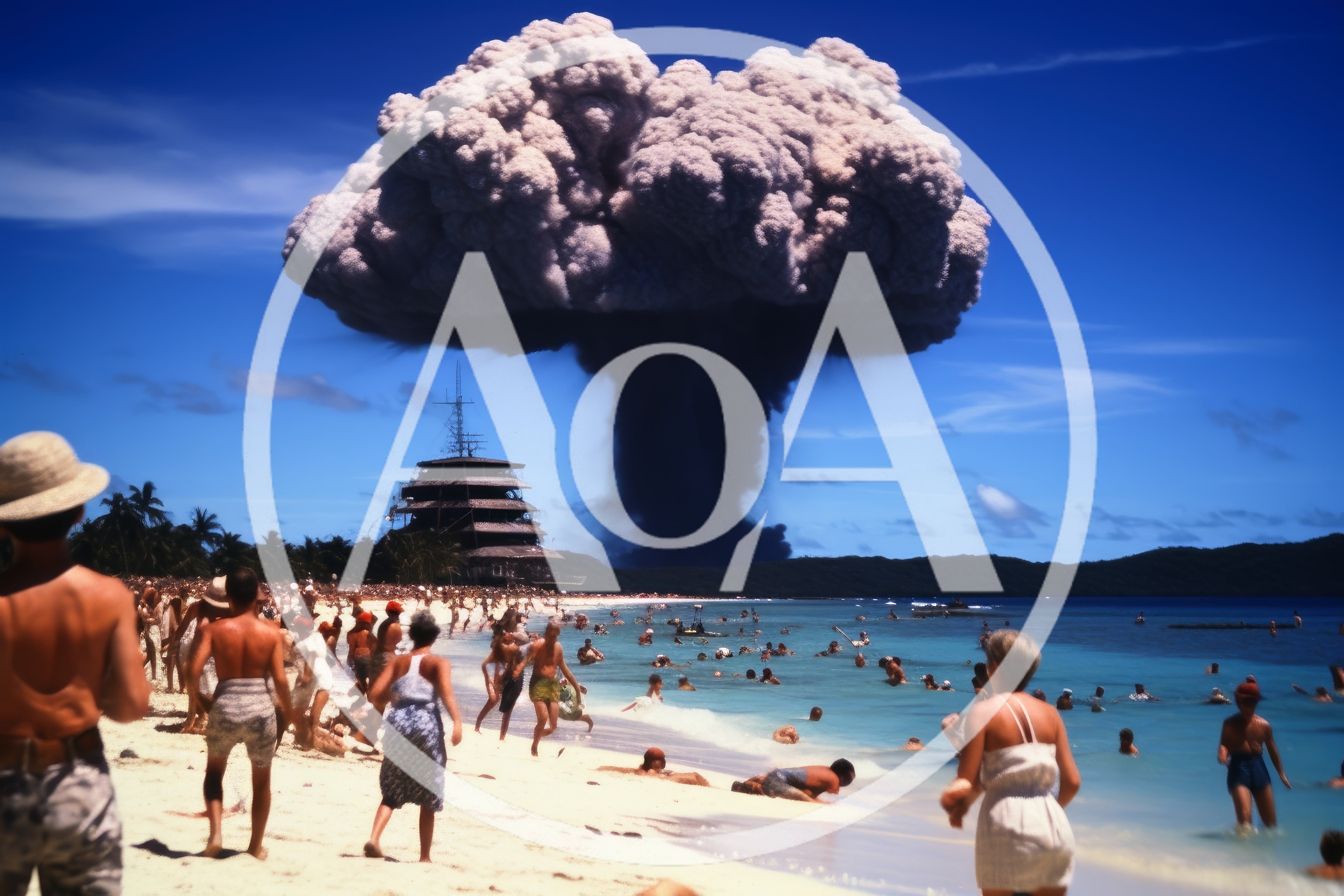 Surreal Beach Scene With Massive Mushroom Cloud Explosion