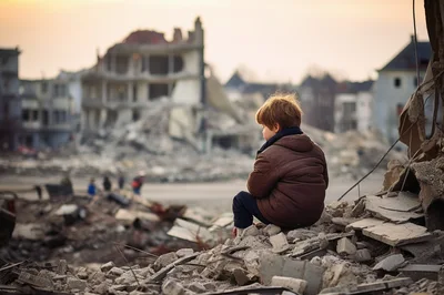 Young Child Sitting Alone Amidst War Torn City Ruins