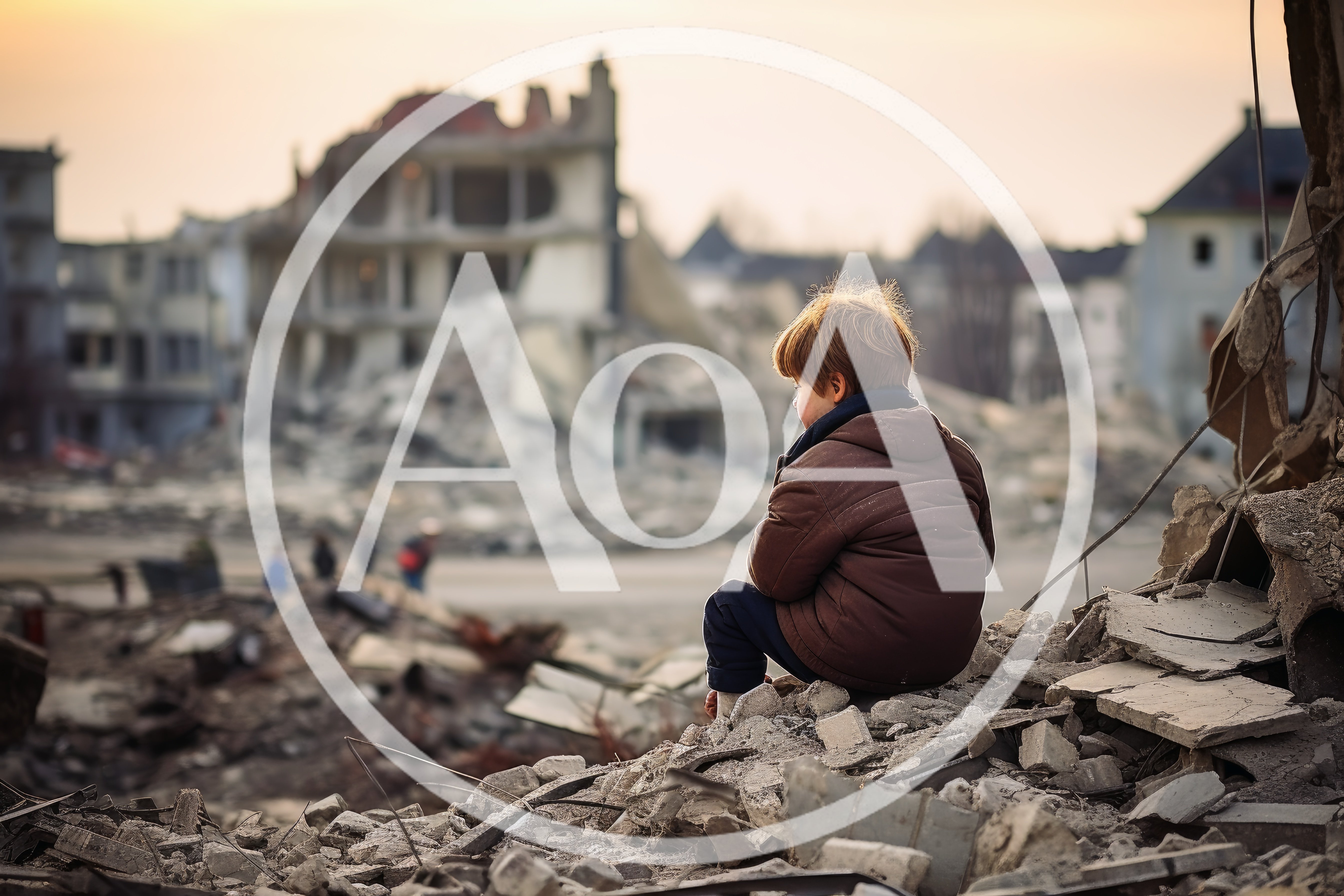Young Child Sitting Alone Amidst War Torn City Ruins