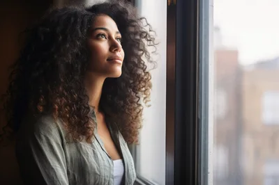 Young Woman With Curly Hair Looking Out A Window