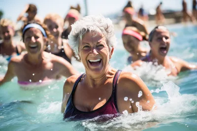 Senior Women Participating In An Energetic Water Aerobics Class