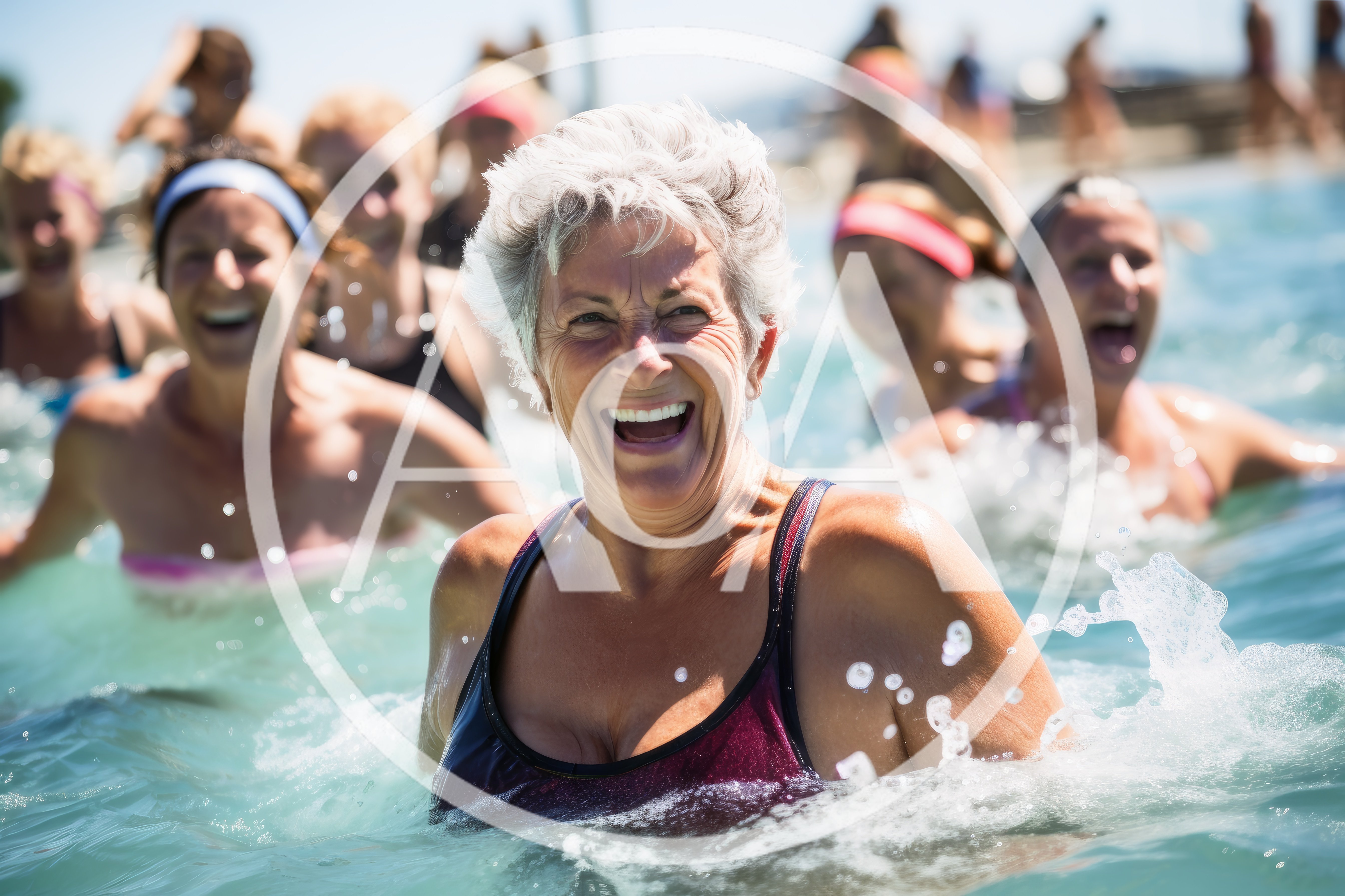 Senior Women Participating In An Energetic Water Aerobics Class