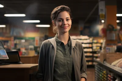 Friendly Female Cashier Standing At Grocery Store Checkout