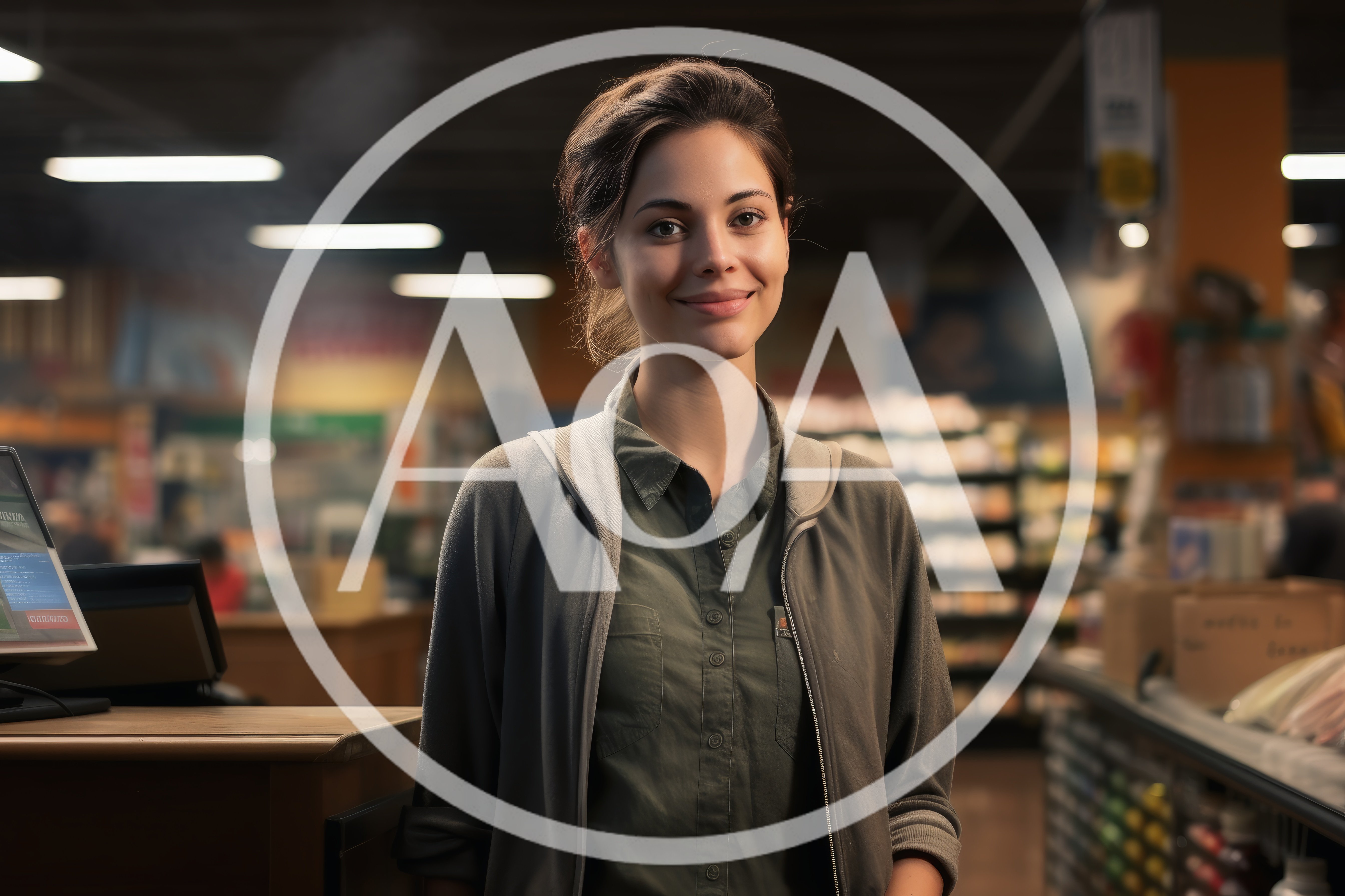 Friendly Female Cashier Standing At Grocery Store Checkout