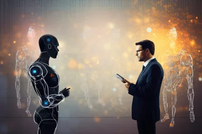 Businessman Interacting With Advanced Artificial Intelligence Robot