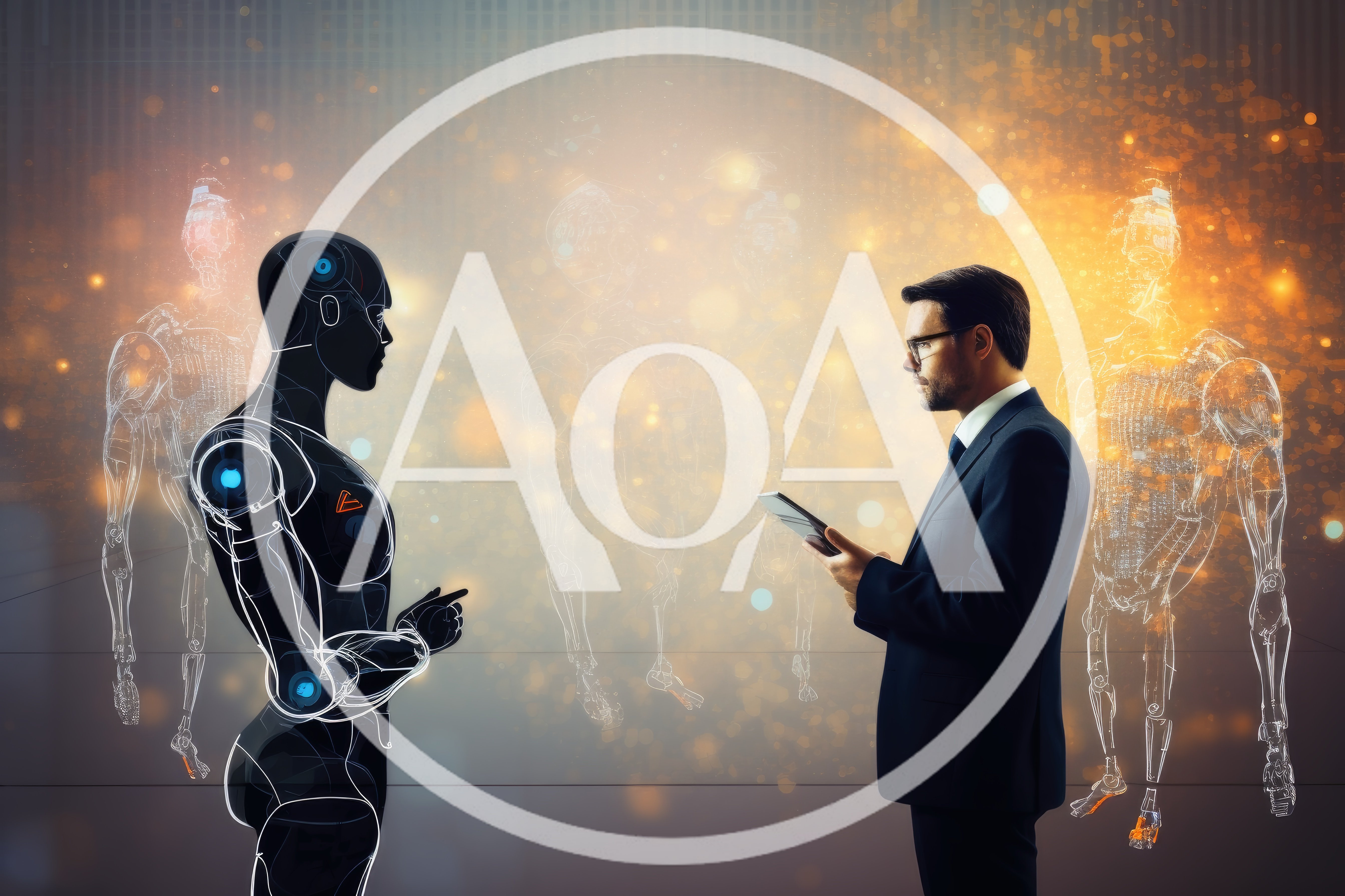 Businessman Interacting With Advanced Artificial Intelligence Robot