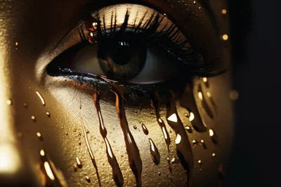 Close Up Of Human Eye With Golden Liquid Drips