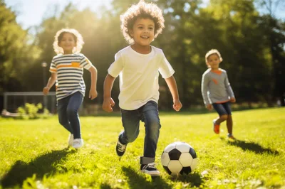 Diverse Children Playing Soccer In A Sunny Park