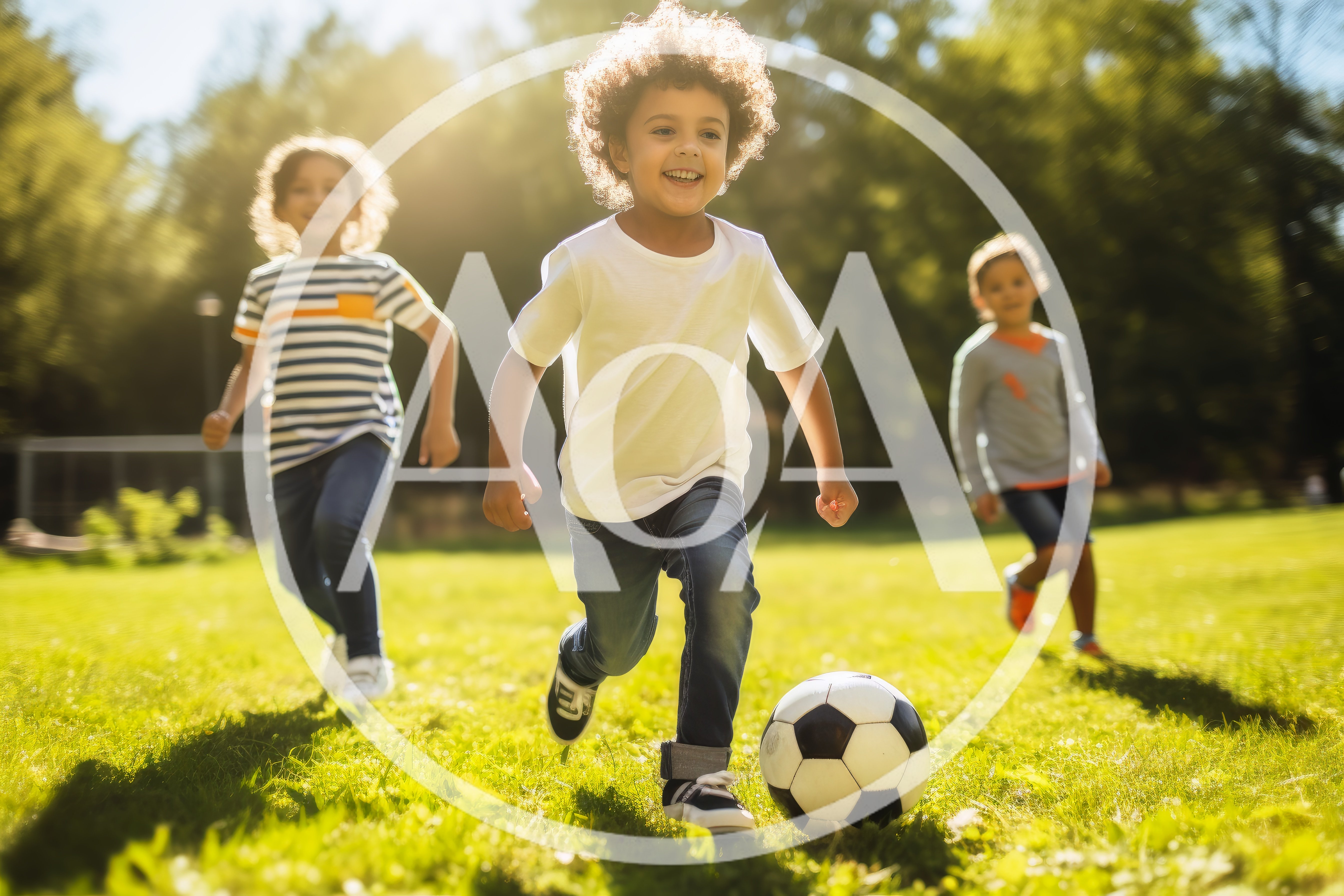 Diverse Children Playing Soccer In A Sunny Park